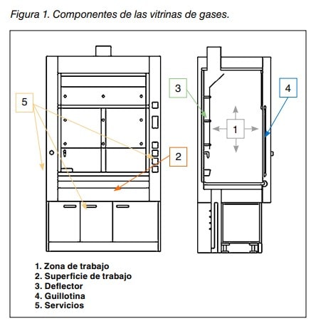 Esquema de los componentes de una vitrina de gases: zona y superficie de trabajo, deflector, guillotina y servicios