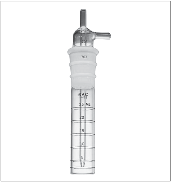 Frasco lavador SKC de 25 ml para captación de muestras de aire.
