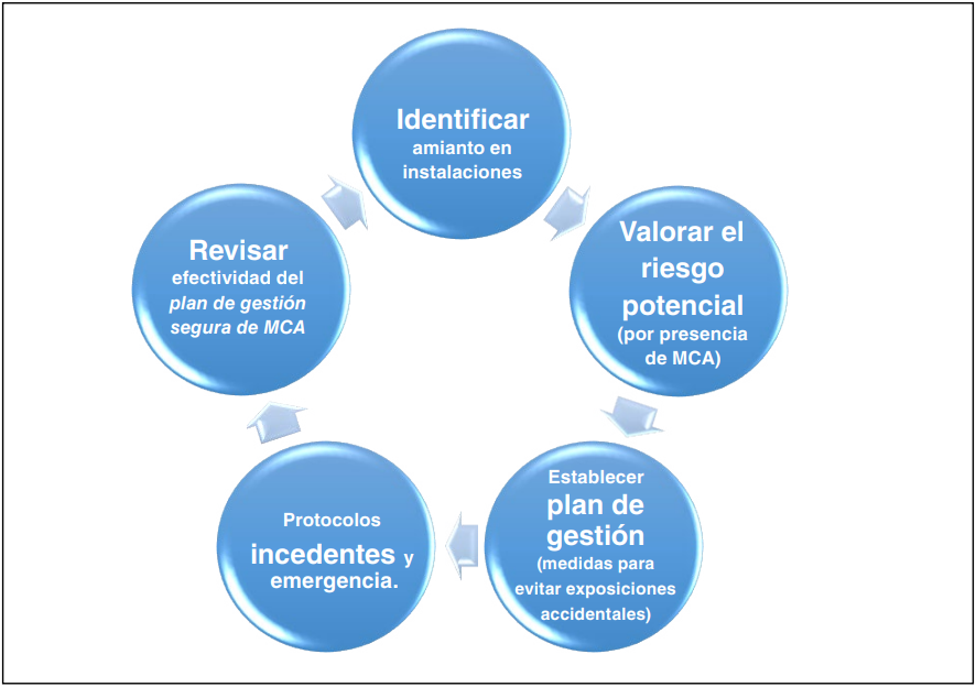 Ciclo de gestión del amianto: identificar, valorar el riesgo, establecer plan de gestión, protocolos y revisar.