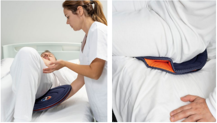 Auxiliar atendiendo a un paciente en cama y detalle de un cinturón de transferencia colocado bajo la sábana