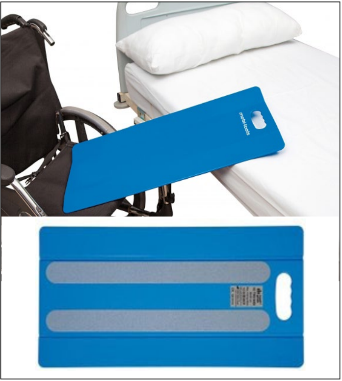 Tabla auxiliar de transferencia azul para mover personas entre cama y silla de ruedas, con detalle de la pieza