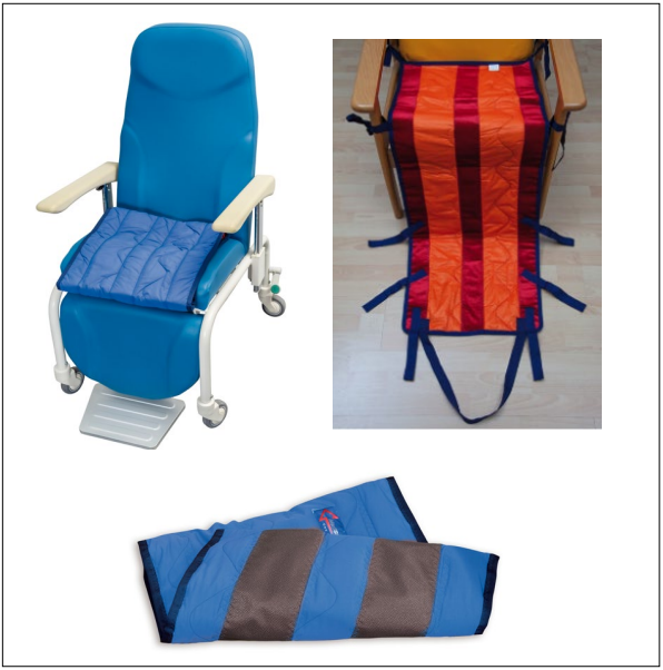 Figura 1: tres tipos de superficies de descanso acolchadas para sillón geriátrico y arnés de traslado de colores