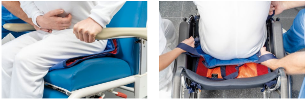 Colocación de un cinturón de sujeción pélvica a una persona sentada en una silla y en una silla de ruedas