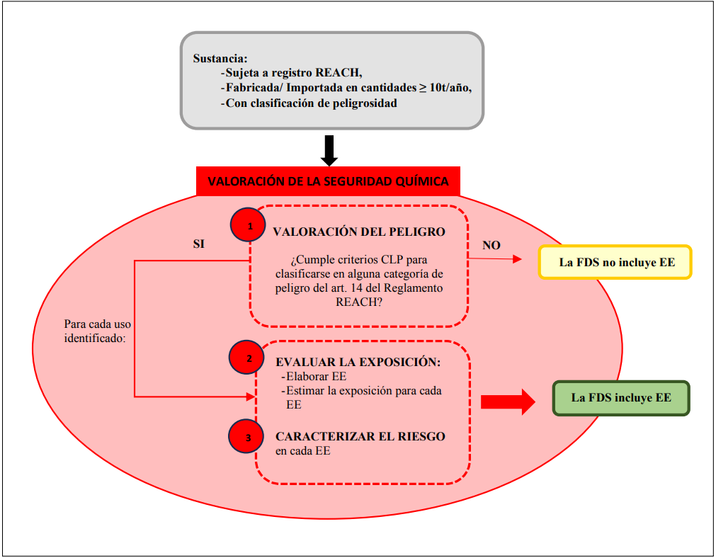 Diagrama de la valoración de la seguridad química REACH: valoración del peligro, exposición y caracterización del riesgo para incluir EE en la FDS.
