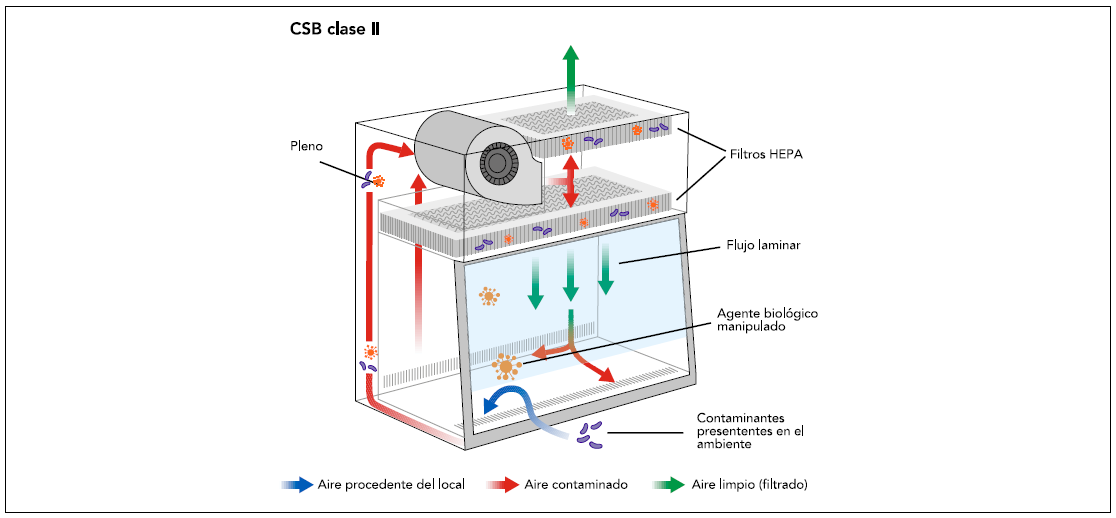 Esquema de cabina de seguridad biológica clase II mostrando filtros HEPA y flujos de aire del local, contaminado y limpio