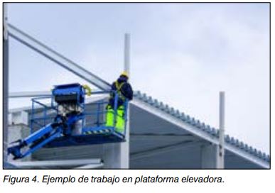 Dos operarios trabajando sobre la cesta de una plataforma elevadora en la estructura metálica de una cubierta