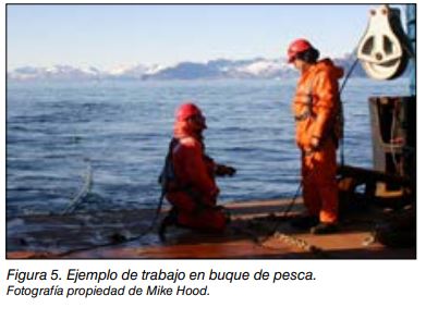 Figura 5. Dos pescadores con trajes de supervivencia trabajan en la cubierta de un buque de pesca