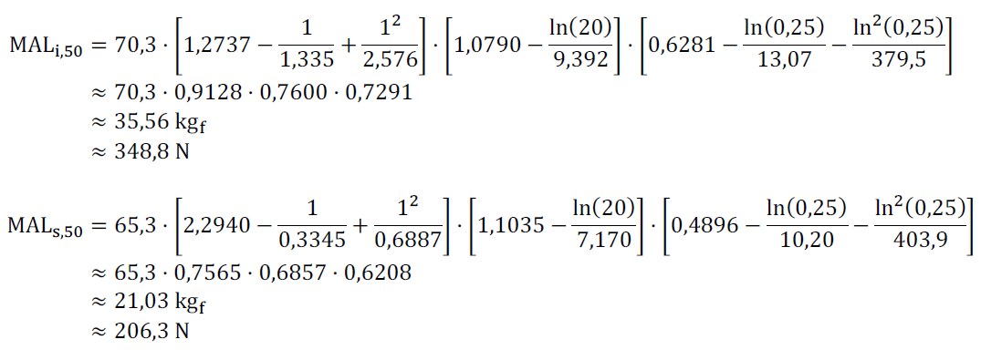 Fórmulas de cálculo de la masa aceptable de levantamiento MAL para percentiles inferior y superior