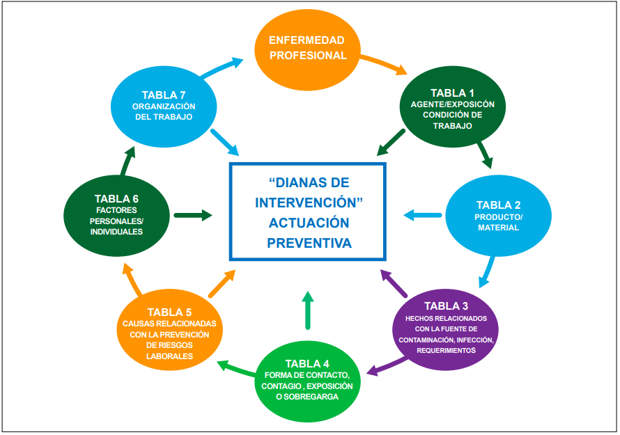 Diagrama circular de las dianas de intervención en enfermedad profesional con siete tablas de actuación preventiva.