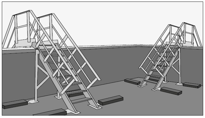 Dibujo de dos escaleras fijas de servicio con plataformas y barandillas en un foso