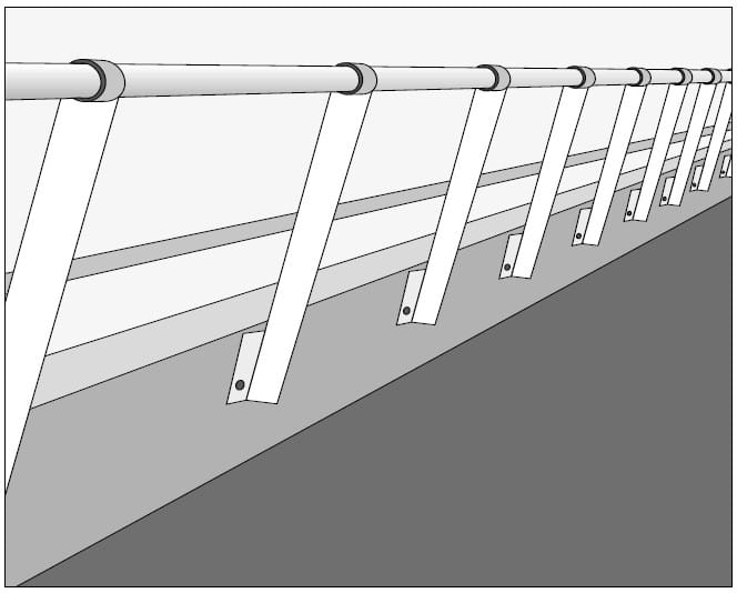 Dibujo de una barandilla inclinada con barrotes y pasamanos vista en perspectiva