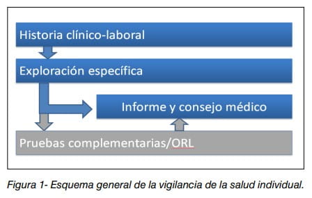 Esquema general de la vigilancia de la salud individual: historia clínico-laboral, exploración, pruebas e informe médico
